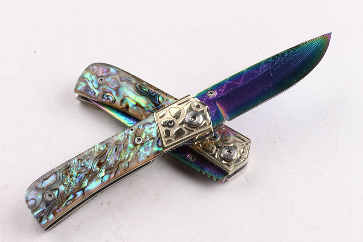 Damascus blade material Silk color Abalone handle folding knife with Titanium coated surface UD404442
